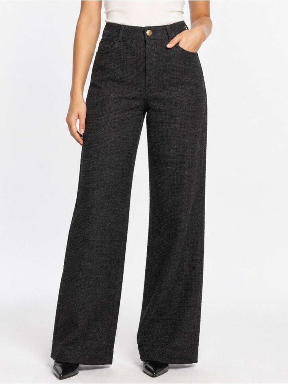 H&M Black Textured High Rise Wide Leg Trousers Pants Size M